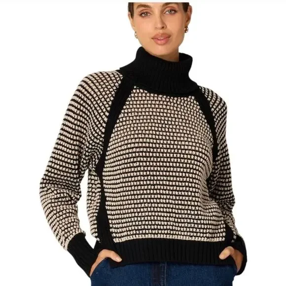 Cleobella womens Madison Knit Sweater Black/Ivory size Small Cotton Turtleneck - Picture 1 of 16